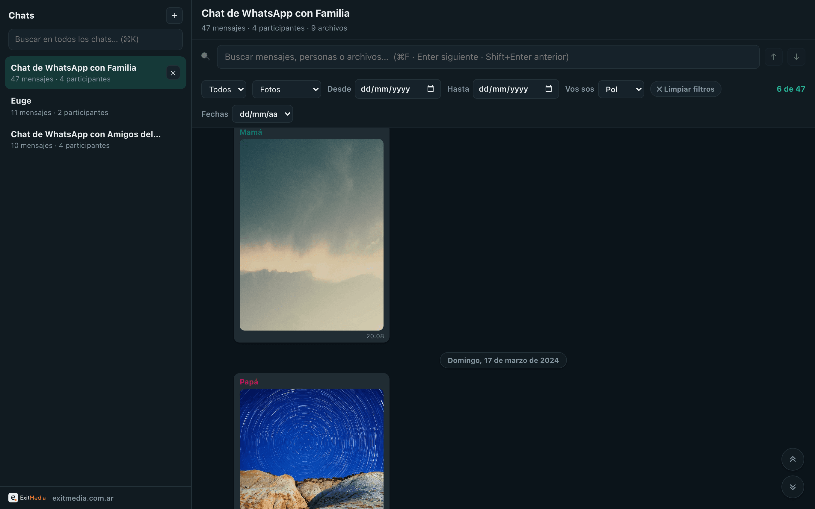 WhatsArchive filtering the chat to show only photos, with the "6 of 47" counter in green.