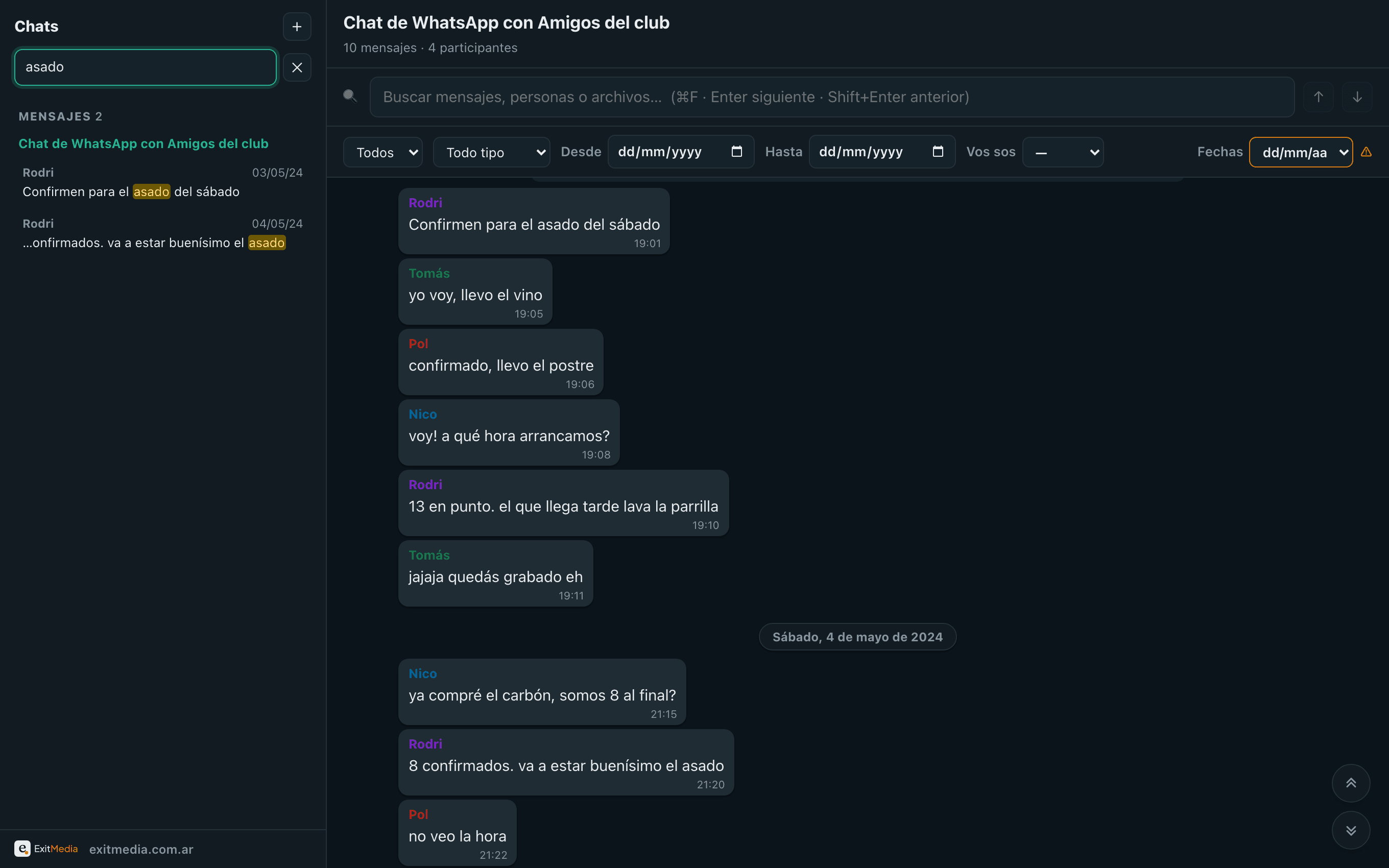 WhatsArchive’s global search: searching "asado" groups results into People and Messages across every chat.