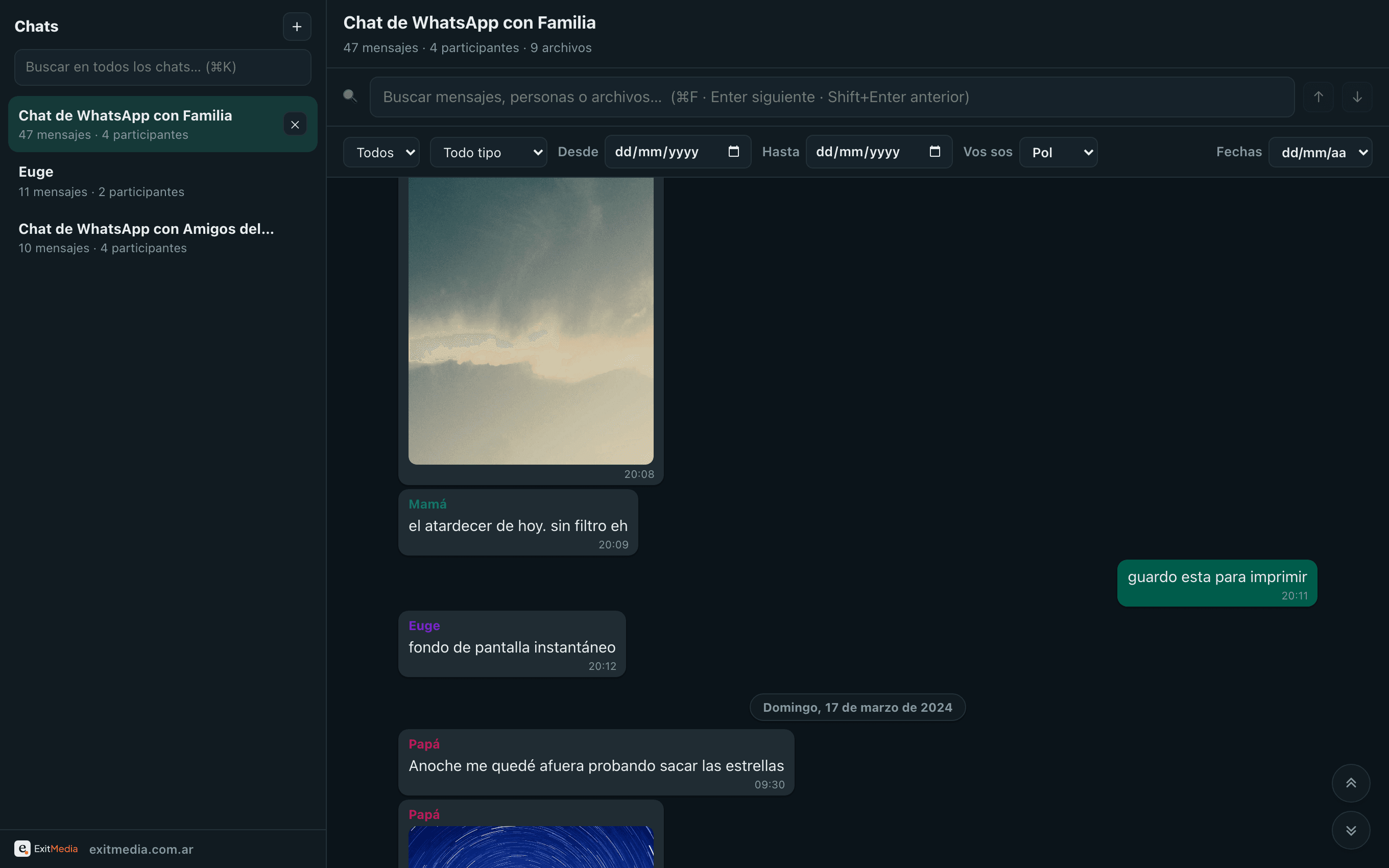 WhatsArchive showing a family chat with photos, the search bar, and the chat sidebar.
