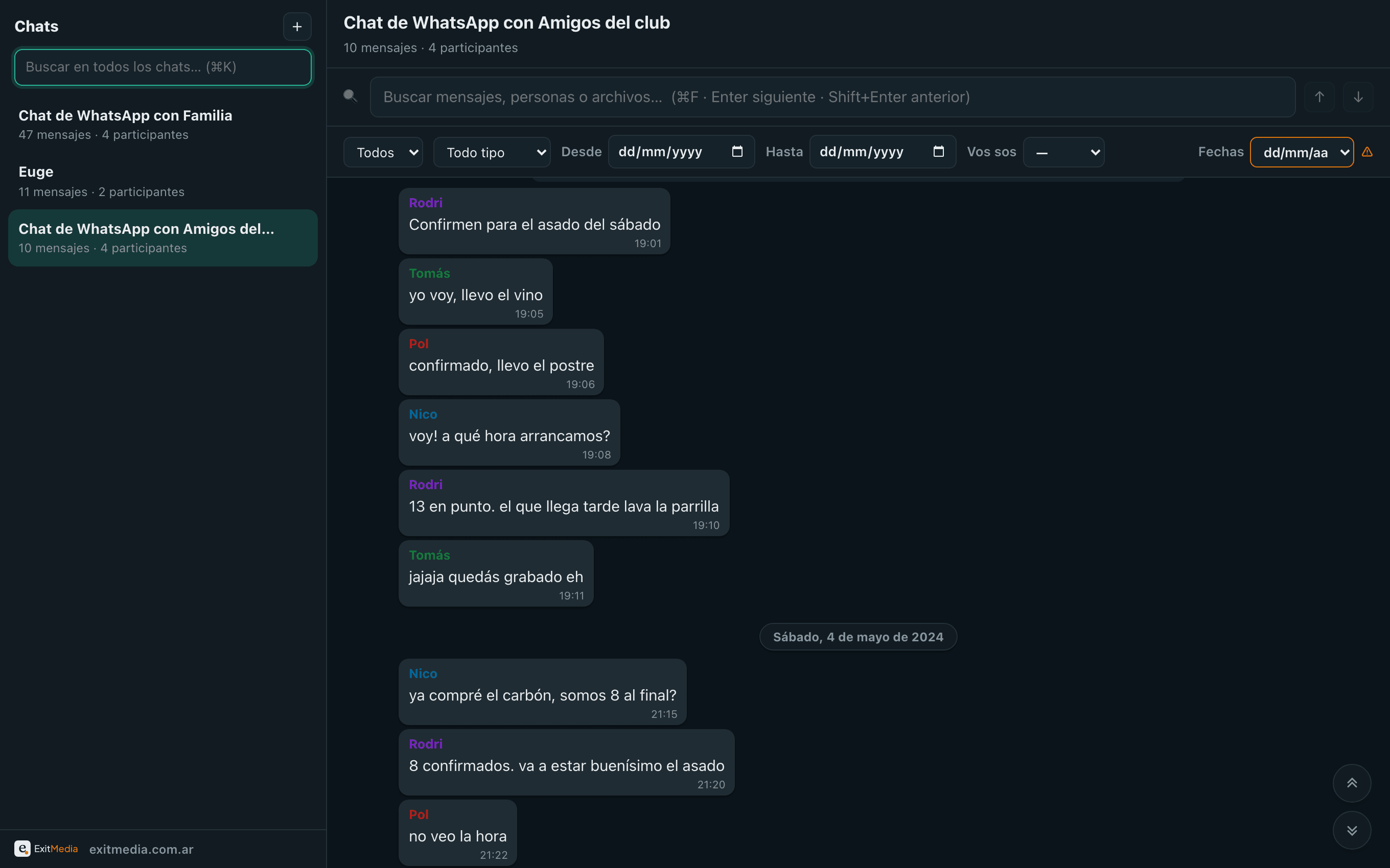WhatsArchive’s sidebar with three chats loaded at once: Family, Euge, and Club Friends.